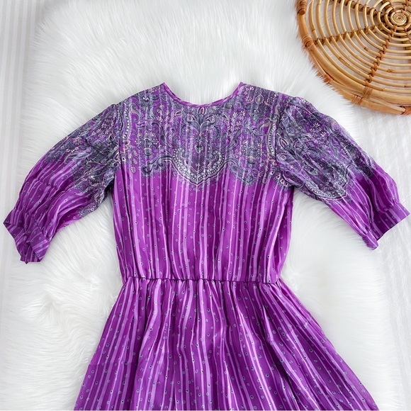 Vintage Hanae Mori New York VTG Chiffon Paisley Stripe Dress Purple - Picture 5 of 16
